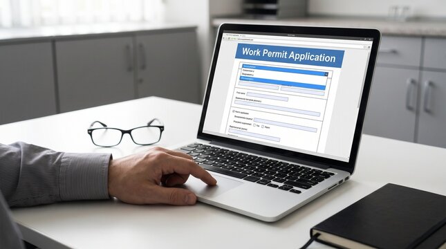 Man typing on laptop keyboard, completing work permit application form online at bright modern office desk.