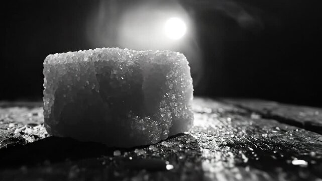 Black and white close-up shot of a sugar cube on a wet, wooden surface with atmospheric lighting