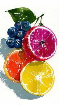 Vibrant Watercolor Fruit Collage Blueberries Grapefruit Orange Lemon Slices Artistic Healthy Fresh Food
