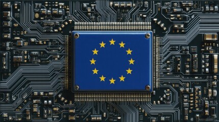 Fototapeta premium Circuit board with microchip featuring European Union flag design and complex patterns of connections in a technology setting