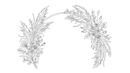 Boho Botanical Arch Continuous Line Art – Minimalist Floral Vector Illustration with Pampas Grass & Eucalyptus © Deshan