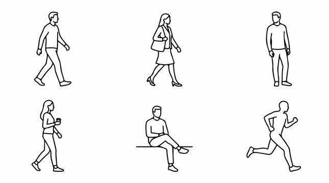 Minimalist line art people icons, set of 6 walking and sitting human figures, black and white outline vector characters for architectural visualization