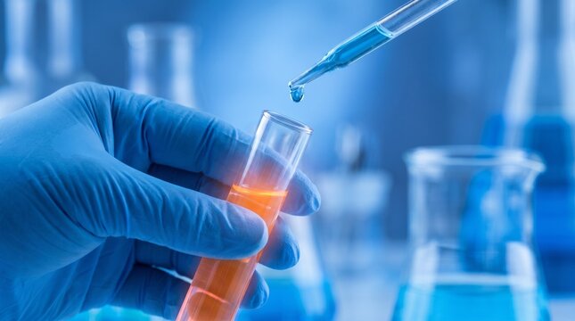 Scientist hand in blue glove holding test tube with orange liquid in laboratory.