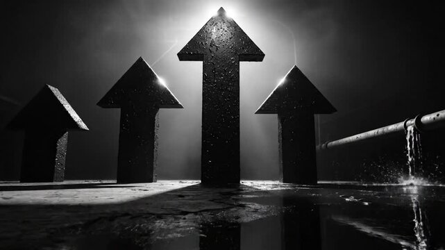 Dramatic monochrome shot featuring four textured arrows pointing upwards with a bright light in the background