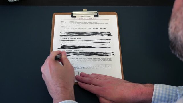 Concept - Government military documents marked Top Secret or Classified featuring lines of text blacked out with heavy ink marker edited redactions