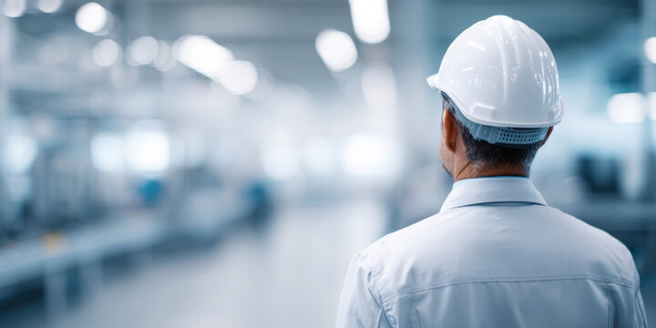 Engineer in hard hat inspecting factory interior