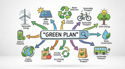 Fototapeta premium Green plan concept with renewable energy solar energy circular economy sustainable transport green energy water conservation eco friendly products and carbon footprint reduction