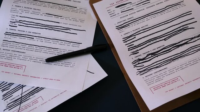 Concept - Government military documents marked Top Secret or Classified featuring lines of text blacked out with heavy ink marker edited redactions