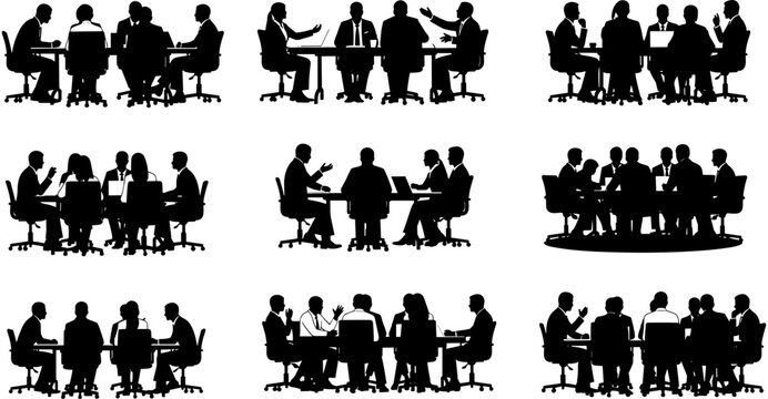 Silhouettes of business people meeting at tables, corporate teamwork and collaboration, office workers group, black vector illustration for professional background.
