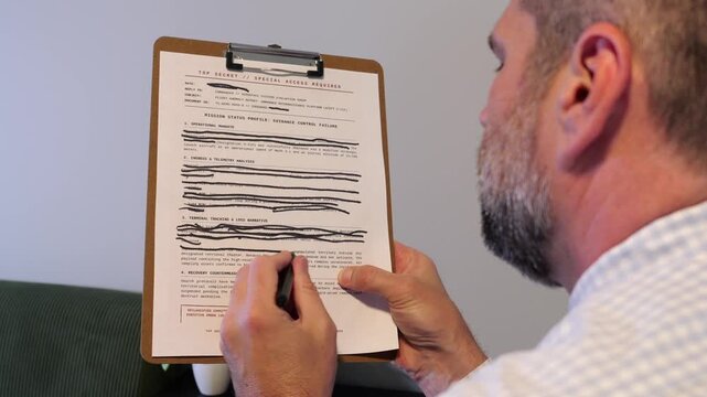 Concept - Government military documents marked Top Secret or Classified featuring lines of text blacked out with heavy ink marker edited redactions