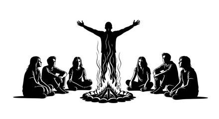 Obraz premium Silhouette of people sitting around a campfire with a leader standing with raised arms, spiritual ceremony, bonfire gathering, isolated vector. 