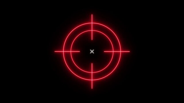 Red neon crosshair reticle glowing on a black background with concentric circles and a central cross-4k black background icon animation