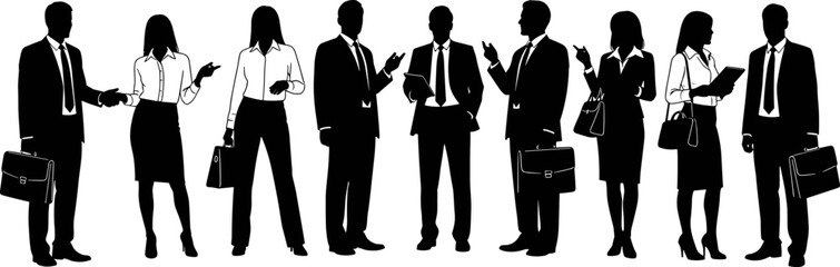 Fototapeta premium Silhouettes of professional business people standing and talking, featuring men and women in suits, holding briefcases, representing corporate teamwork communication. 