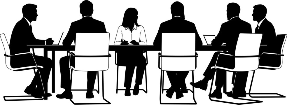 Silhouette of business professional group sitting around conference table in office meeting for corporate teamwork collaboration and leadership strategy discussion.
