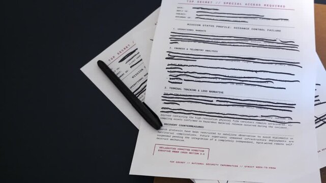 Concept - Government military documents marked Top Secret or Classified featuring lines of text blacked out with heavy ink marker edited redactions