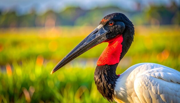 Jabiru stork with inflated red neck patch in Pantanal wetlands close-up portrait
