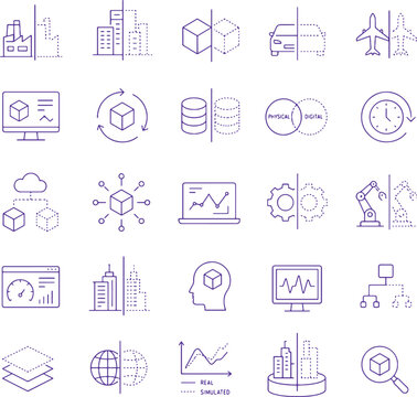 Digital twin technology icon set minimalist line art vector 2px stroke monochrome simulation UI grid
