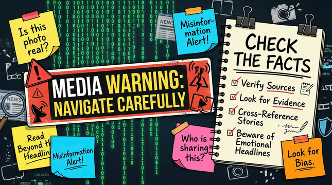 Media warning navigate carefully with check facts note verifying sources, evidence, cross reference stories, and emotional headlines to avoid misinformation alert and bias