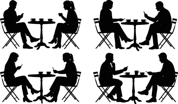 Silhouettes of people sitting at cafe tables using mobile phones, ignoring partners, digital distraction, technology addiction, social media, coffee shop.
