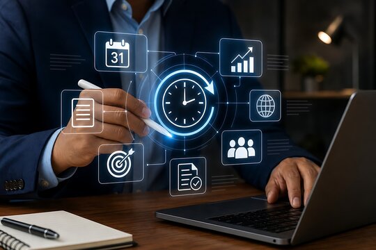 Person uses a pen to interact with a digital interface displaying a clock icon and various business management elements.