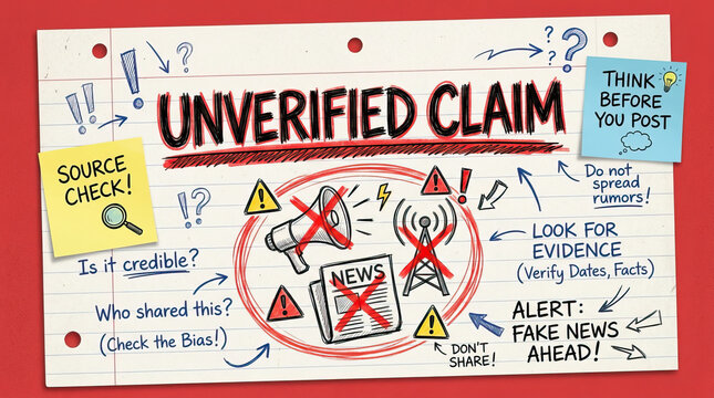 Unverified claim warning with caution signs, notes about source checking, avoiding fake news, and verifying evidence to prevent rumor spreading and misinformation online