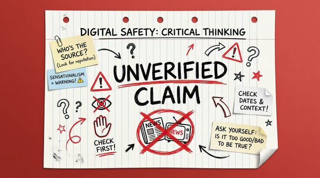 Unverified claim warning with critical thinking notes on digital safety, emphasizing source checking, sensationalism caution, and verifying dates and content for truth