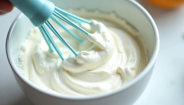 Hand whisks soft cream in white bowl. Making whipped topping for dessert preparation. Smooth dairy texture for baking ingredient. Sweet creamy food at kitchen.