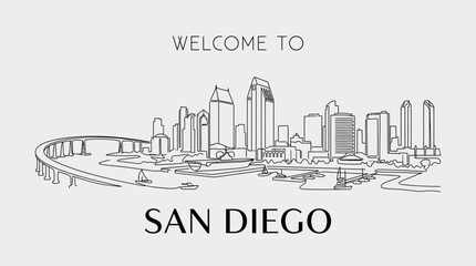 Fototapeta premium San Diego Skyline Illustration: Welcome to California Cityscape Art