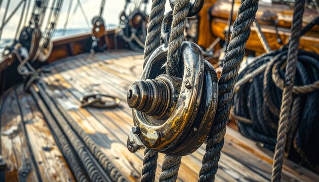 Close-up of antique brass turnbuckle on wooden sailing ship deck with rope rigging details