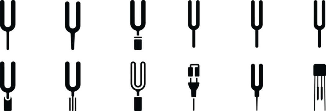 Set of tuning forks in vector format, various styles of tuning fork icons illustrate a device used for tuning musical instruments.