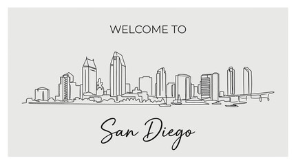 Fototapeta premium San Diego Skyline: Elegant Hand-Drawn Cityscape Silhouette