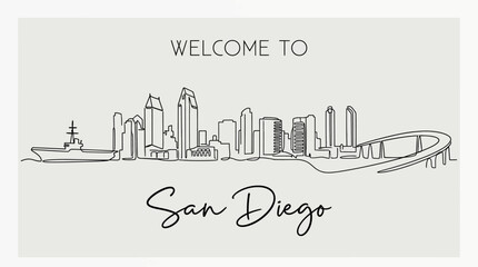 Fototapeta premium San Diego Cityscape Line Art: Welcome Message, Skyline Graphic