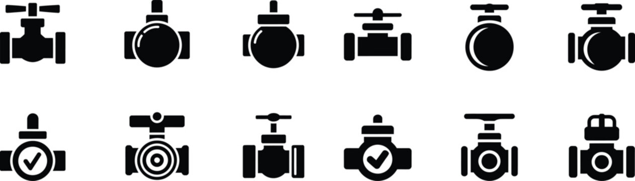 Set of valve icons in vector format, various styles of water valves, industrial valves, and plumbing fixtures are depicted.
