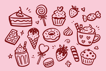 Fototapeta na wymiar Dessert and Candy Set Doodle Sketch Vector