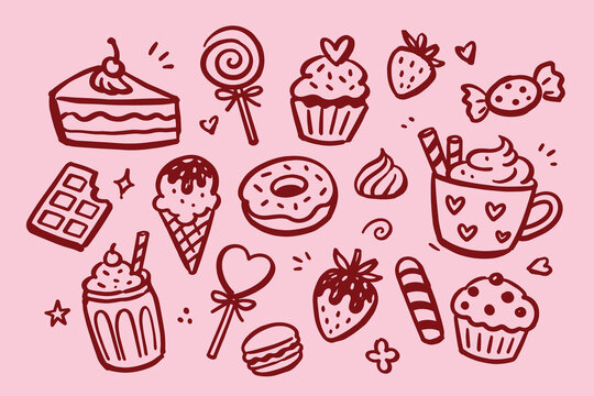 Dessert and Candy Set Doodle Sketch Vector