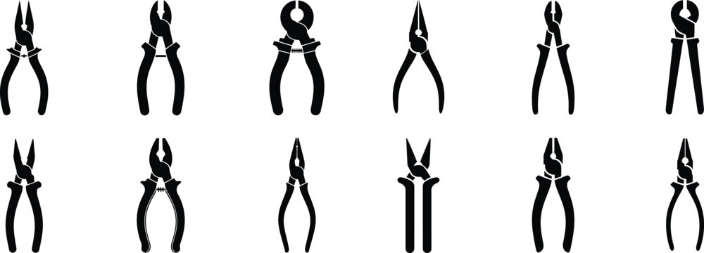 Professional pliers and wire cutters set featuring diverse hand tool silhouettes for electrical mechanical or construction work on background.