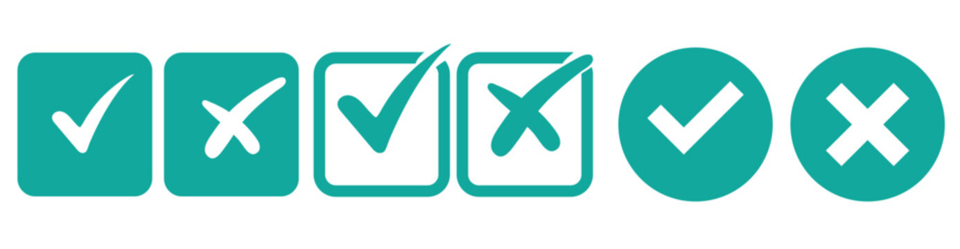 Check mark icons. Green check mark icon and red cross icon sheet. green tick and red x. Symbols of approval and Decline, outline and fill vector illustration