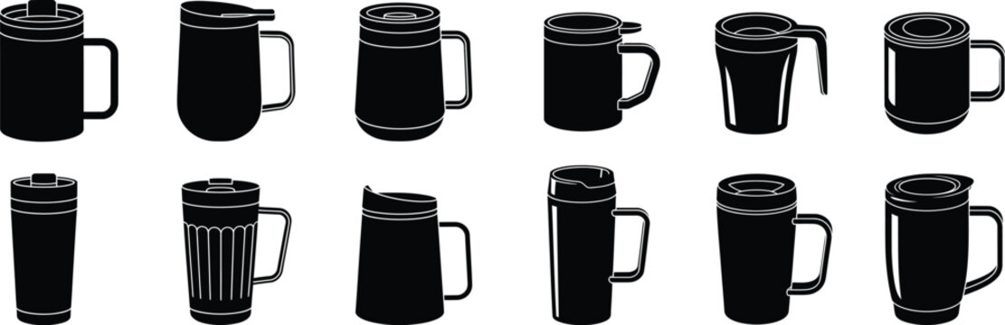 Black silhouette icons of thermal mugs and portable tumblers for hot drinks isolated on transparent background coffee cup container design set.