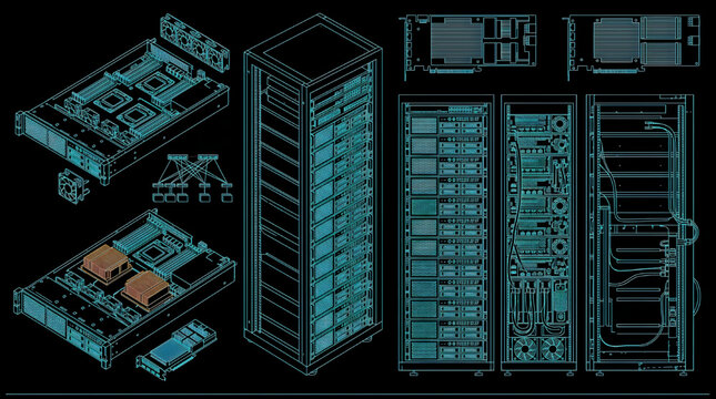 AI Infrastructure GPU Server Blueprint Technical Drawing Vector Set Multi View Cyan Outline on Black Background