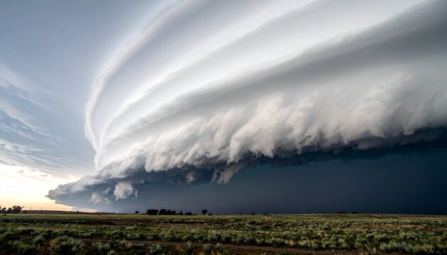 Dramatic Supercell Thunderstorm with Rotating Wall Cloud Approaching Over Open Fields