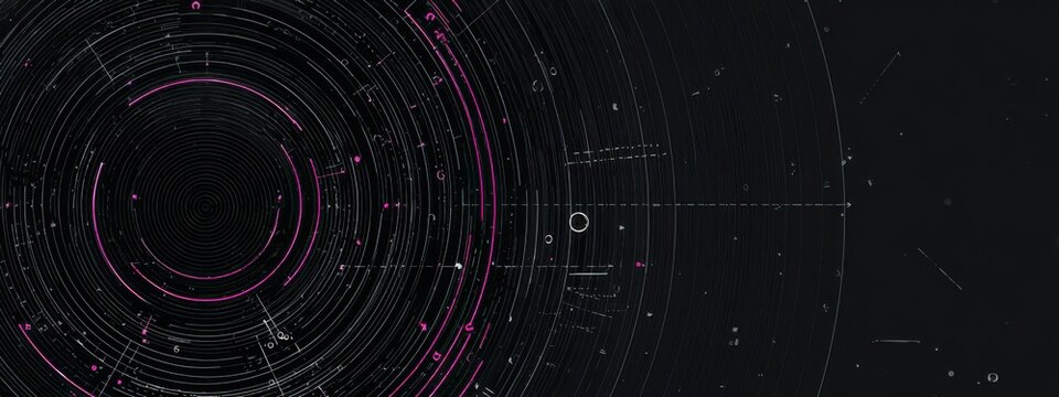 Modern digital art showing abstract concentric circles with lines and dots in dark colors