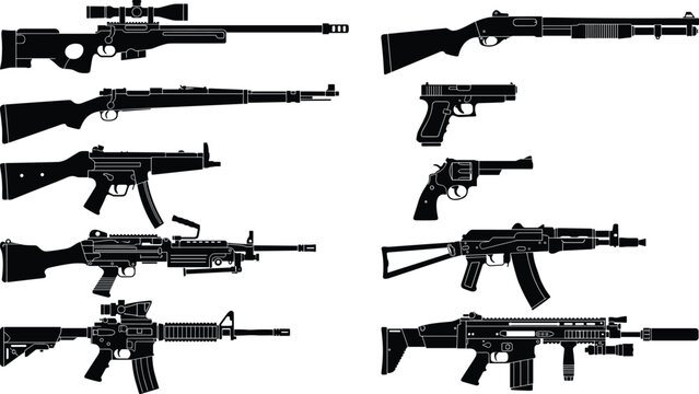 Black silhouettes of diverse firearms including rifles, pistols, shotguns, and submachine guns arranged in vertical comparison layout