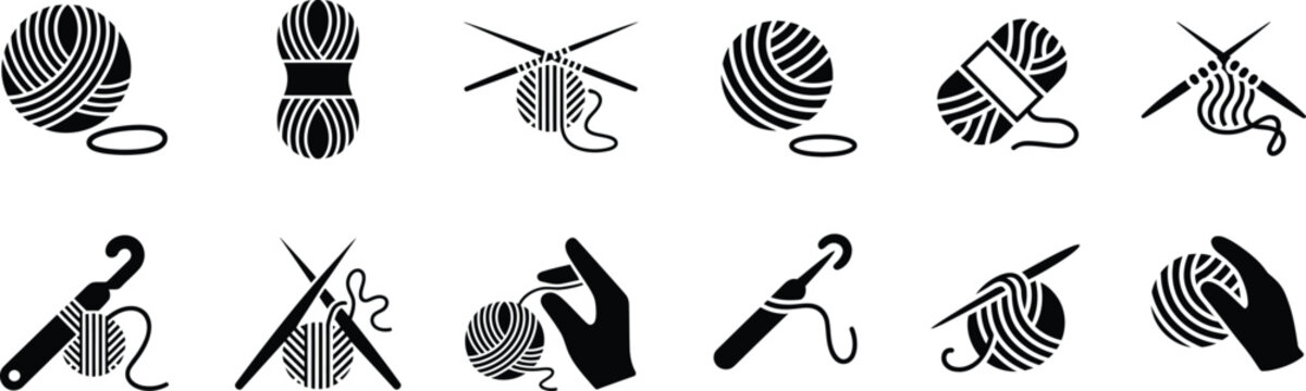 Set of yarn ball and knitting equipment icons black silhouettes for needlework and craft projects isolated on transparent background vector pack.