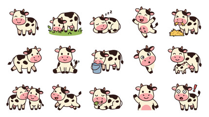 Cute cow character stickers set, kawaii cattle in different poses and activities flat vector illustration