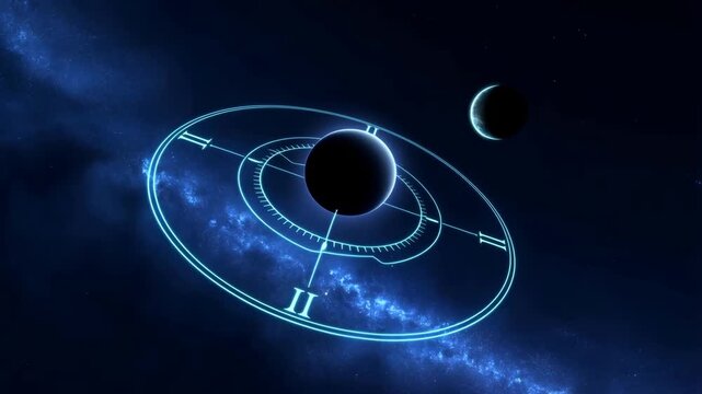 Compass floating in deep space with glowing neon rings, celestial navigation HUD, and cosmic starmap visual effects