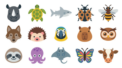 Obraz premium Flat animal avatars and wildlife icons set for stickers and graphic design