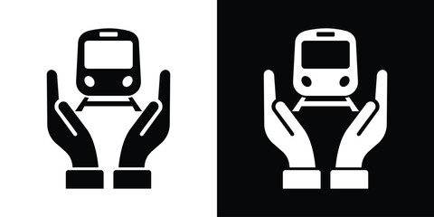 Two hands protecting a train engine icon. Perfect for public transportation safety, transit insurance, railway cargo logistics, and sustainable travel protection vector graphics. © bibin