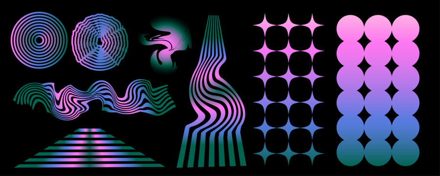 Y2K neon gradient abstract elements set with wavy distortions, striped optical shapes and retro futuristic geometric patterns on dark background