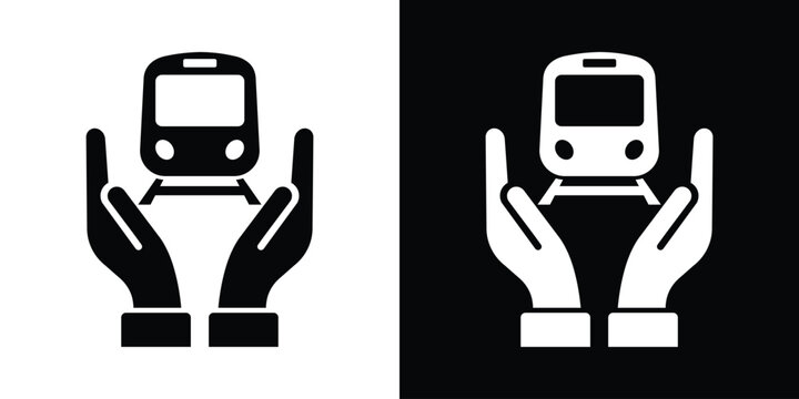 Two hands protecting a train engine icon. Perfect for public transportation safety, transit insurance, railway cargo logistics, and sustainable travel protection vector graphics.