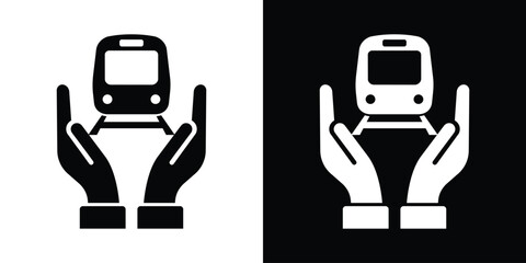 Two hands protecting a train engine icon. Perfect for public transportation safety, transit insurance, railway cargo logistics, and sustainable travel protection vector graphics. © bibin